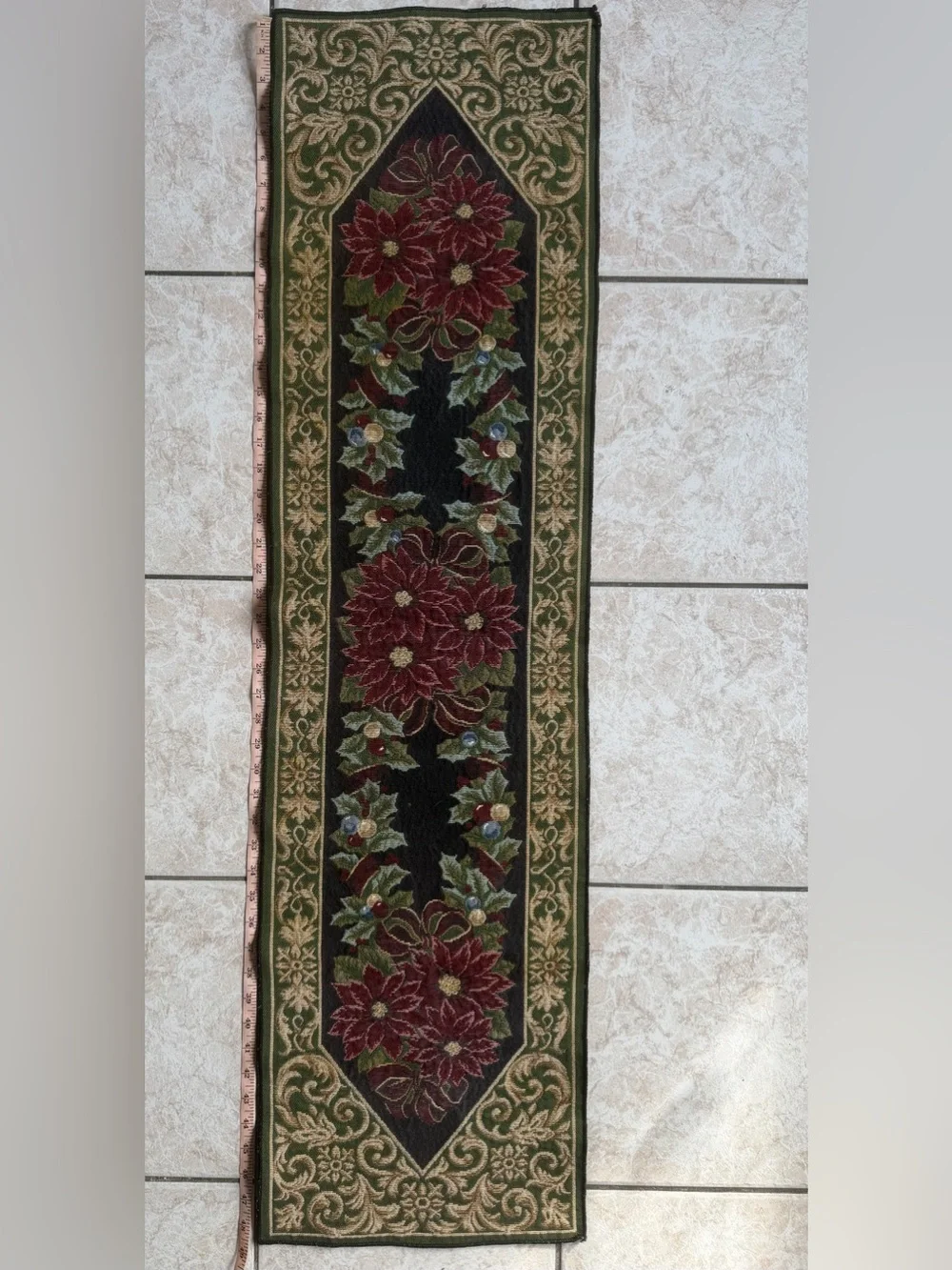 Vintage Christmas Poinsettia Tapestry Table Runner Festive Holiday Woven Floral